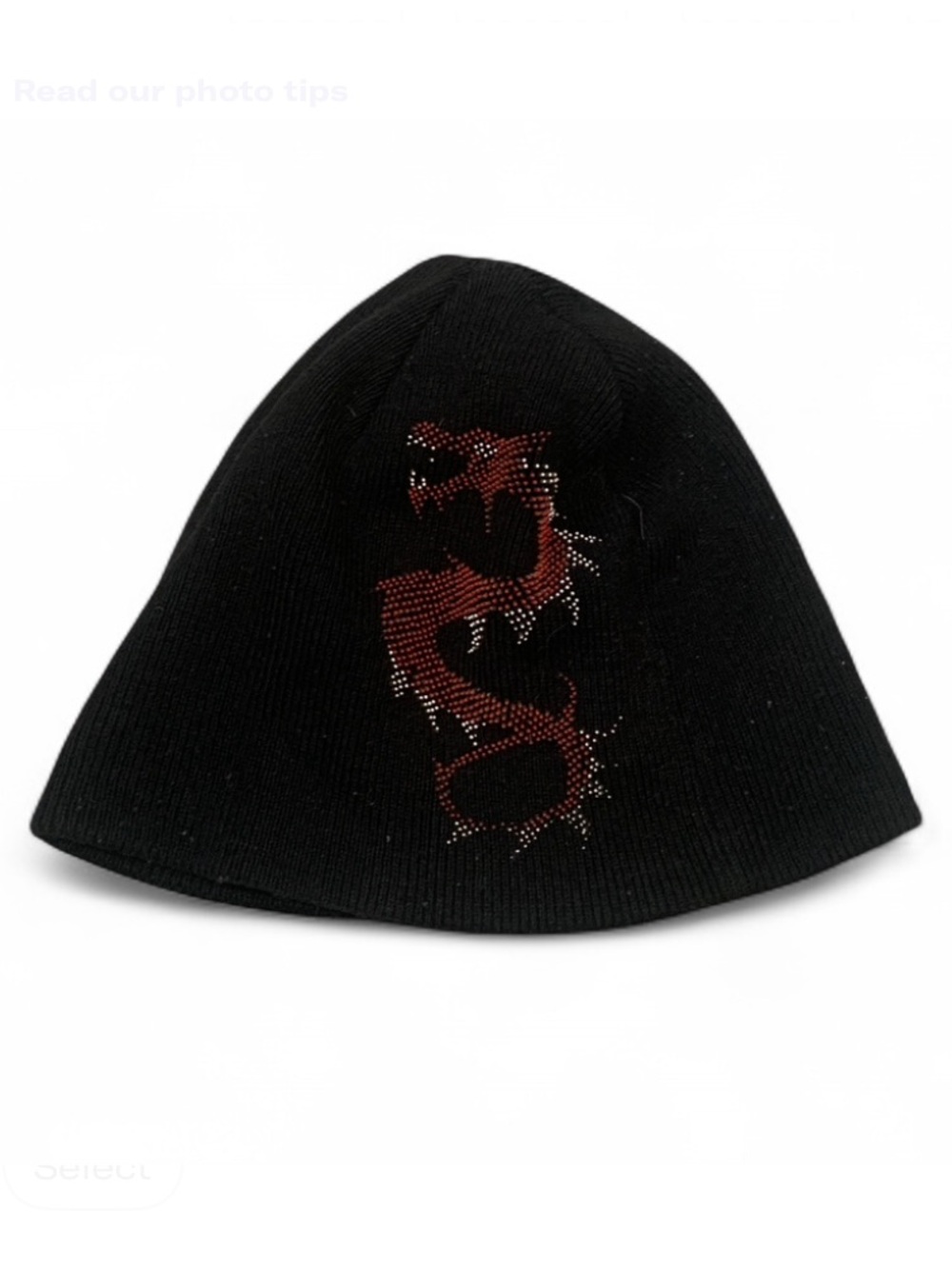 Y2K Black Beanie Hat with Red Dragon Accent